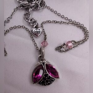 Silver Tone Pink Crystal Drop Pendant Necklace - Brand Unknown